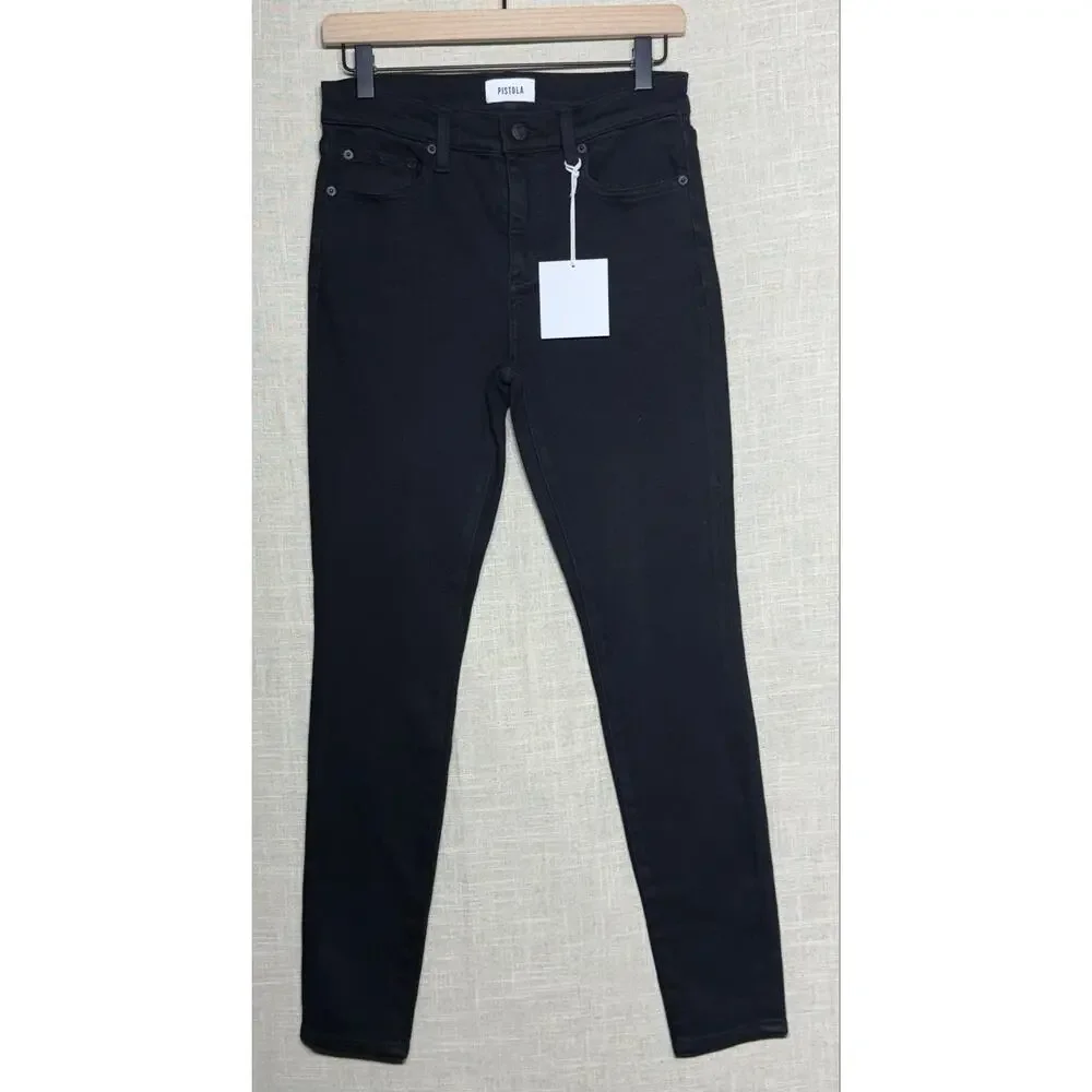 Pistola Audrey Mid Rise Skinny Jeans Dark Vinyl Black Stretch Size 27 NWT